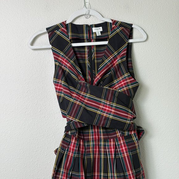 J Crew V Neck Midi Wrap Dress Size 8 Black Red Tartan Plaid Sleeveless AG880 - Picture 3 of 13